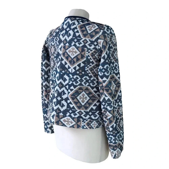 H&M Women's Sz 2 Open Front Blue Blazer Linen Aztec Boho Casual Career - Picture 3 of 8